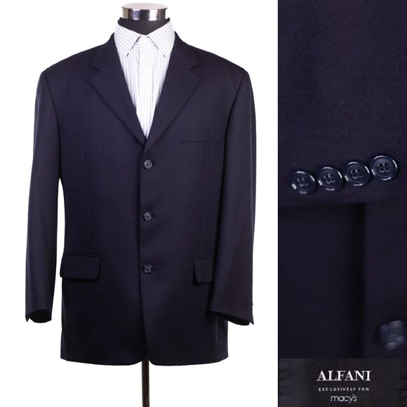 Alfani regular Fit Navy Blue Herringbone 3 Button Wool Blend Blazer Sportcoat 42 - Picture 1 of 13